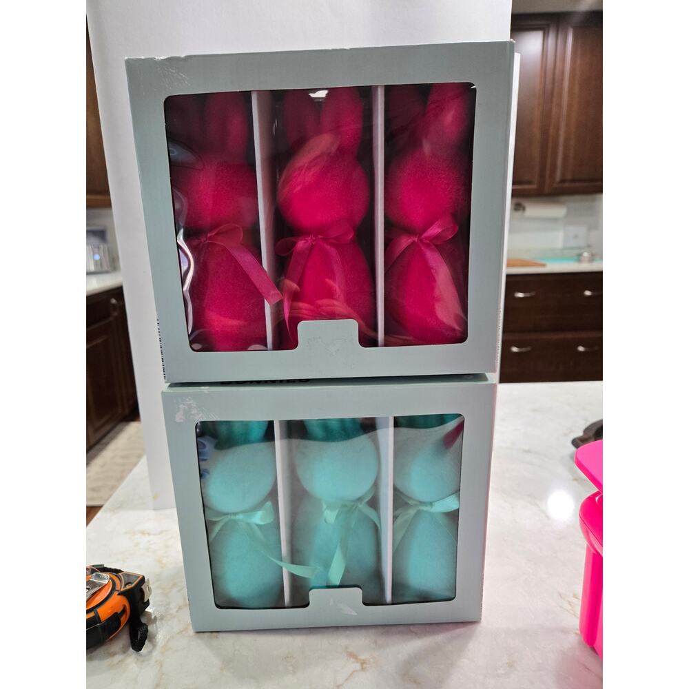 2 New Kirkton House 3 PK Flocked Rabbits Pink Blue Easter Decoration 6 Total